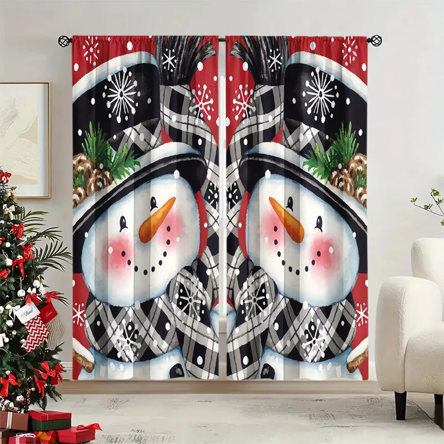 2PCS Christmas Winter Curtains, Plaid Snowman Hat Scarf Red Black White Close, Digital Print, Bedroom Living Room, Home Decor