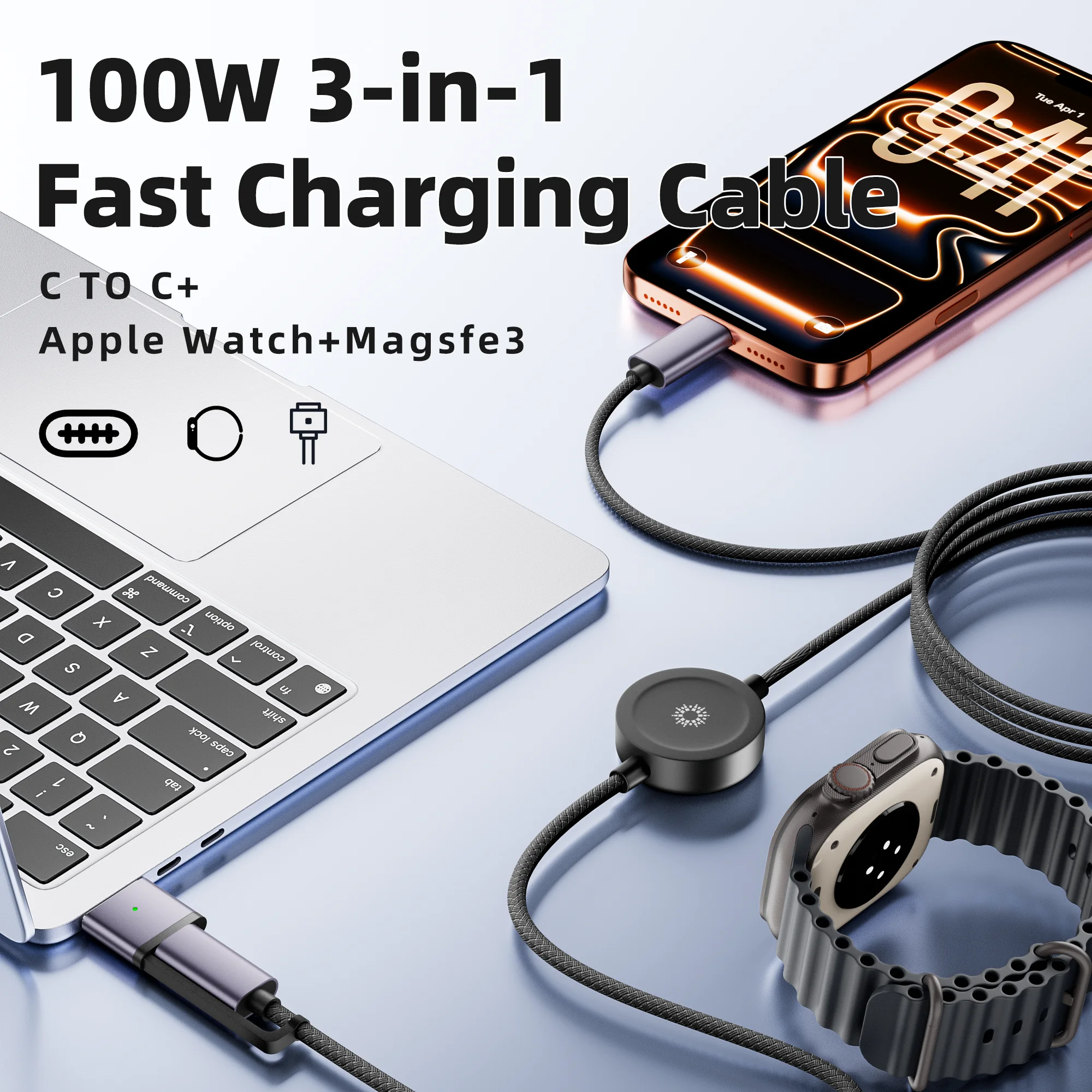 100W PD USB-C 3-in-1 Charging & Data Cable 480Mbps 150cm Nylon Braided Cord Compatible with MagSafe 3 Apple Watch MacBook iPhone
