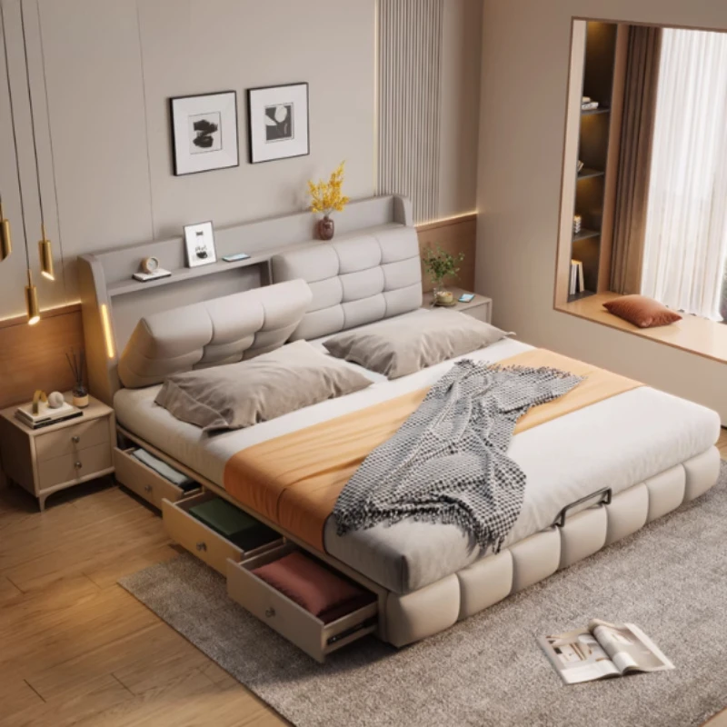 ww-200x220cm Storage Space Double Beds Frame Three Drawers King Size Bedroom Bed Headboard Adjustment Bedroom Furniture Full Set
