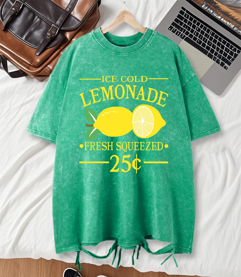 

Iced Cold Lemonade Fresh Squeezed Print Washed Holes T-Shirts Women Cotton Casual T Shirt Breathable O-Neck Clothes Soft Y2K Top