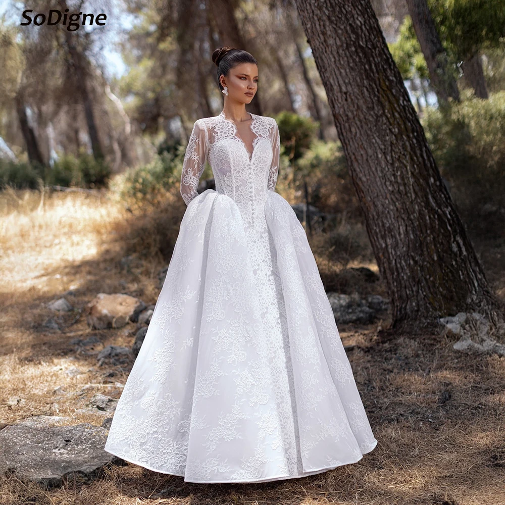

SoDigne A-line Lace Wedding Dress V-neck Full Sleeves Boho Bride Dresses Beach Long Bridal Gowns vestidos de novia Customized