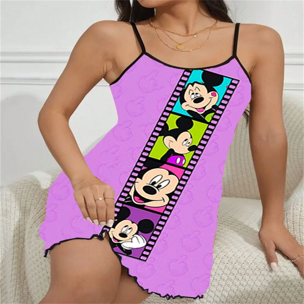 

2024 Fashion Ruffled Edge Design Sleepwear for Women Sexy Women's Suspender Sleeping Dress Cartoon Pattern Sleeveless Pajama