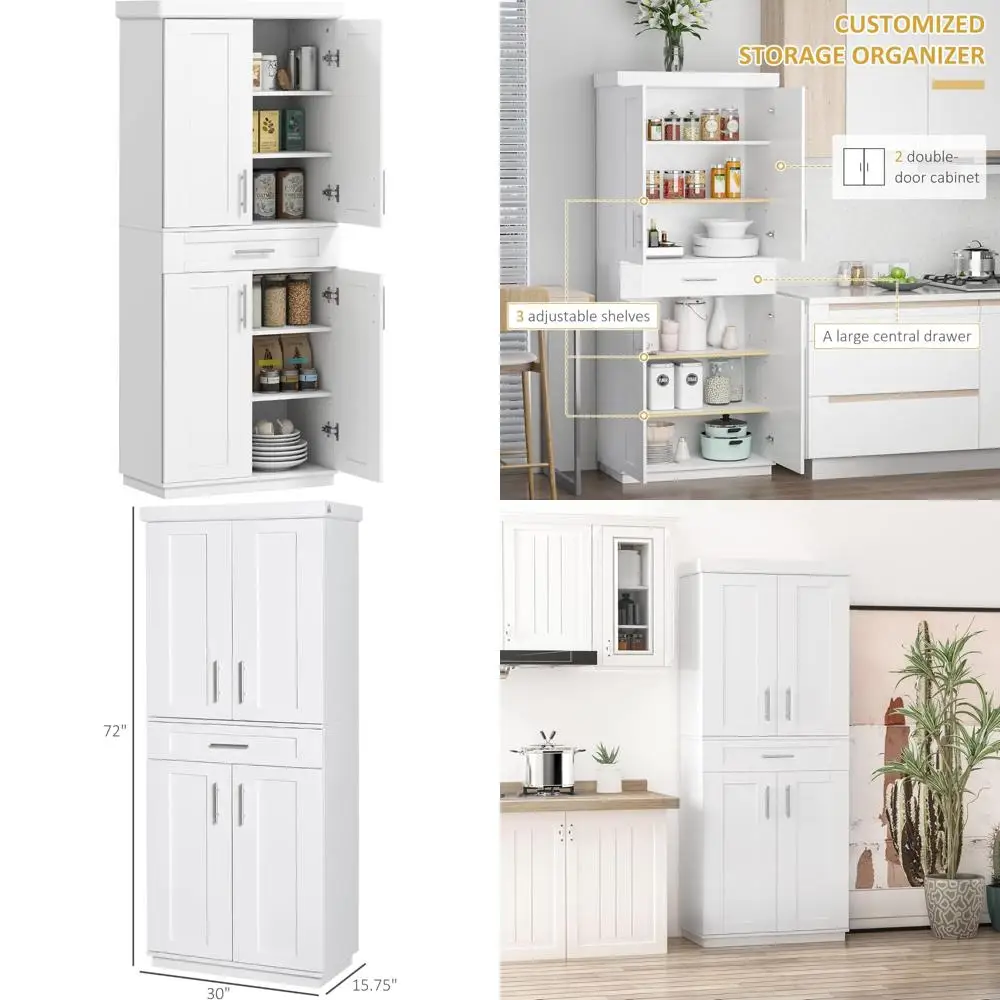 

Freestanding Tall Kitchen Storage Cabinet with 4 Doors, Drawer, 3 Adjustable Shelves for Dining Room Organization