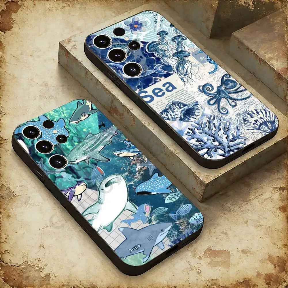 Fish Shark Blue Sea Ocean Phone Case For Samsung Galaxy A20,21s,22,31,32,52,53,72,73,80,91 Soft Liquid Silicone Black Cover