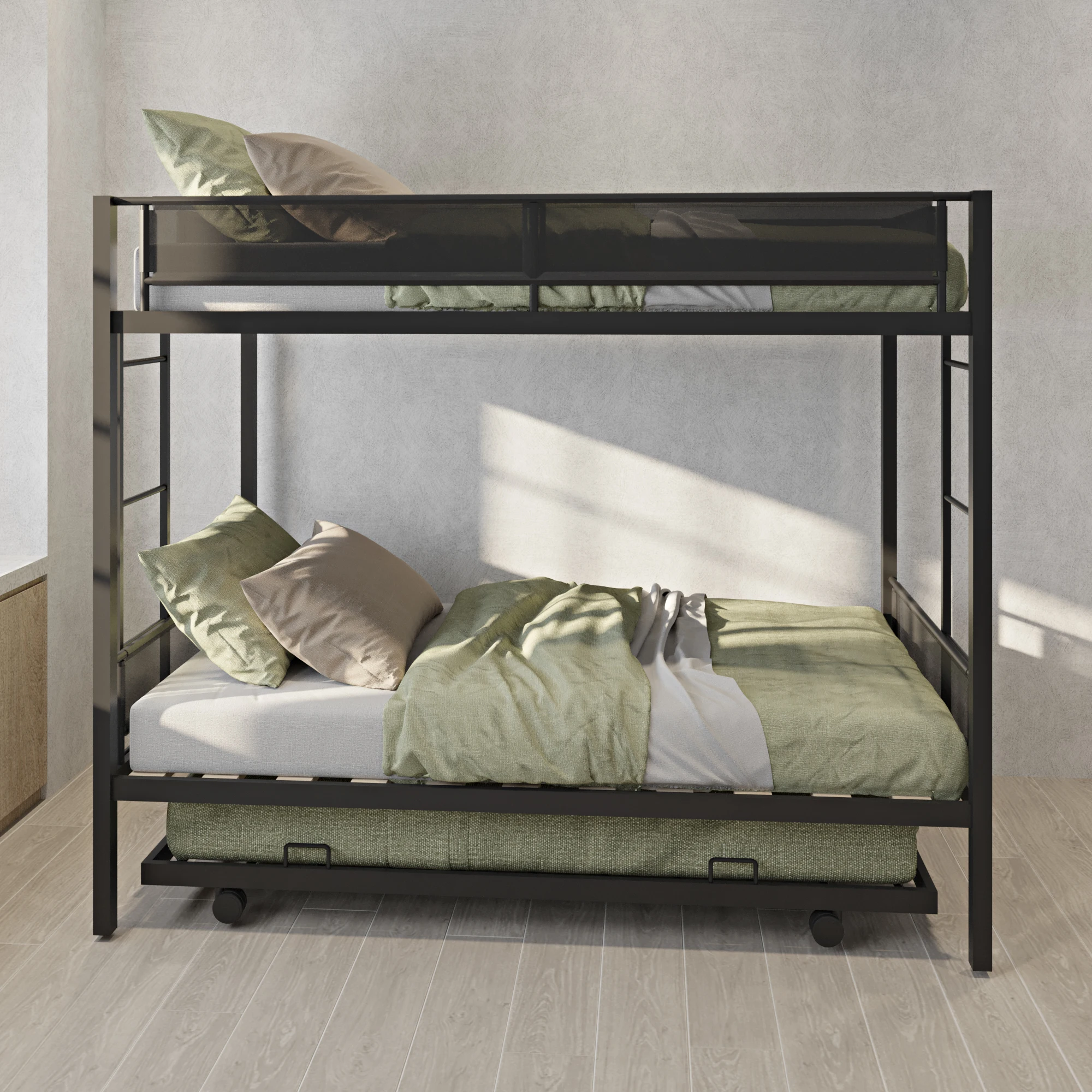 Twin over Twin Metal Bunk Bed with Trundle, Noise-Free Wood Slats, Textilene Guardrail 77.95x41.34x65.35 in.