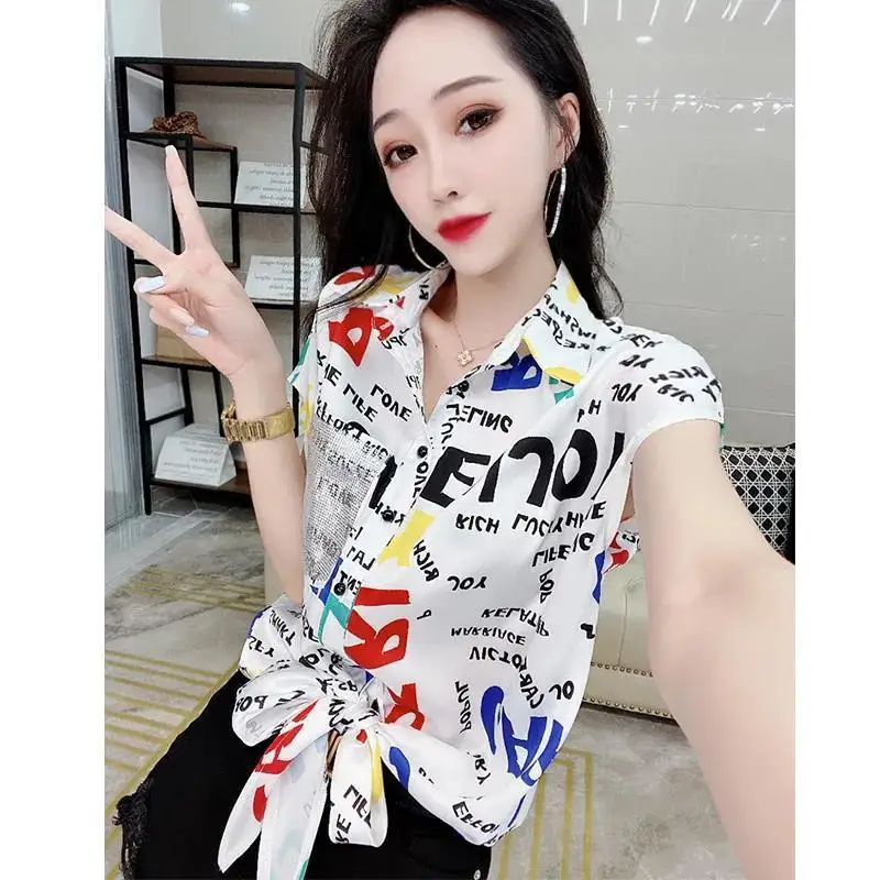 

Fashion Lapel Diamonds Printed Bandage Button Oversized Chiffon Shirt Loose Short Sleeve Commute Women's Clothing Casual Blouse