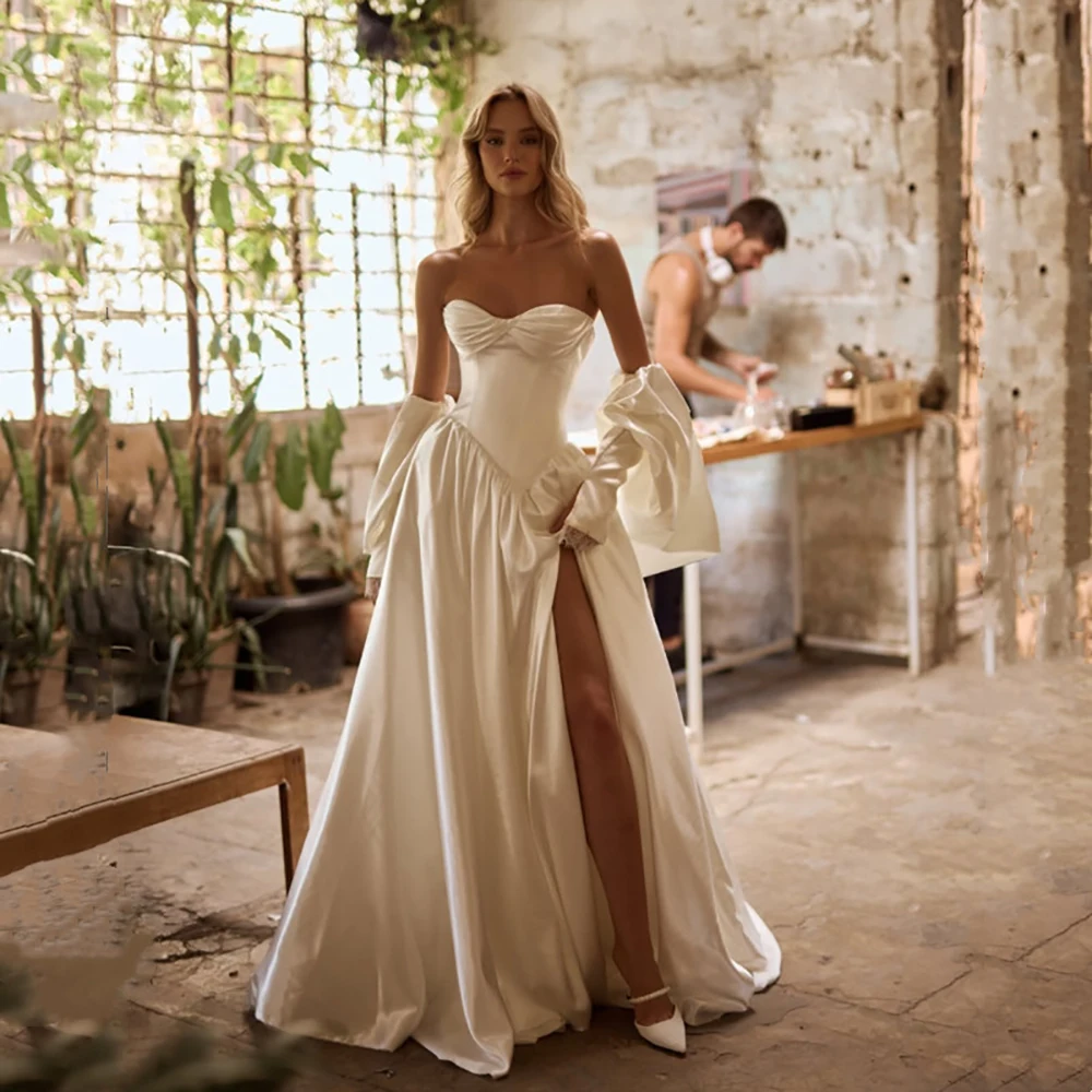 Wedding Dress Ladies Satin Strapless Sweetheart High Slit Bridal Gown Removable Sleeves Elegant Vintage A-Line Dress for Wedding