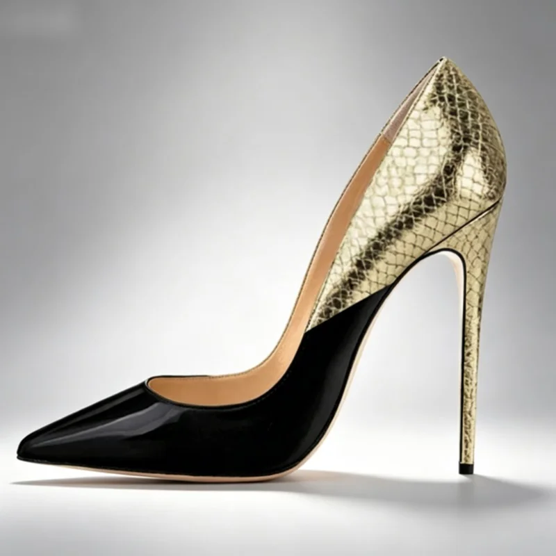

Black Gold Snakeskin Stiletto Heels Shoes Mixed Colors Patent Leather Shallow Women's Pointed Toe Pumps 12cm 10cm 8cm
