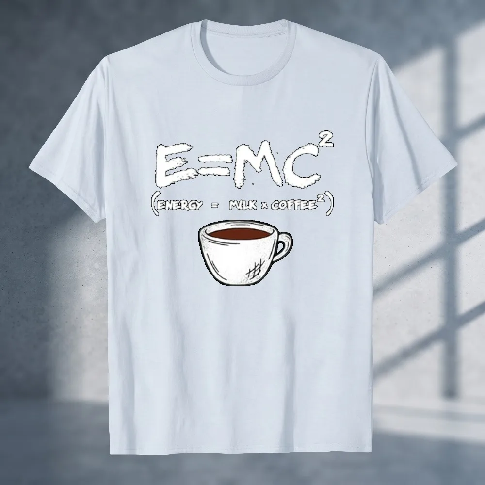 Unisex E=MC2 Energy Milk Coffee Funny Science Graphic T‑Shirt Humorous Physics Coffee Cup Print O‑Neck Soft Cotton Loose Tees