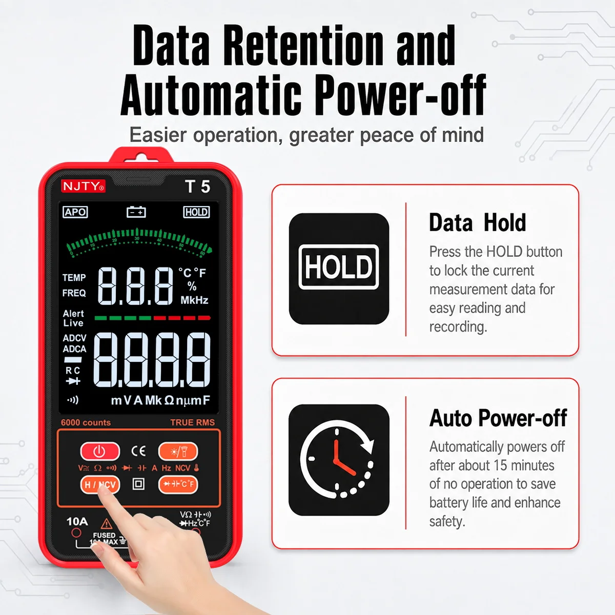 T5 Smart Digital-Multimeter mit Farbdisplay, 6000 Zählungen, True RMS, automatische Bereichswahl, AC/DC-Spannung, Strom, Widerstand, NCV, Temperaturmessgerät – Detail 6