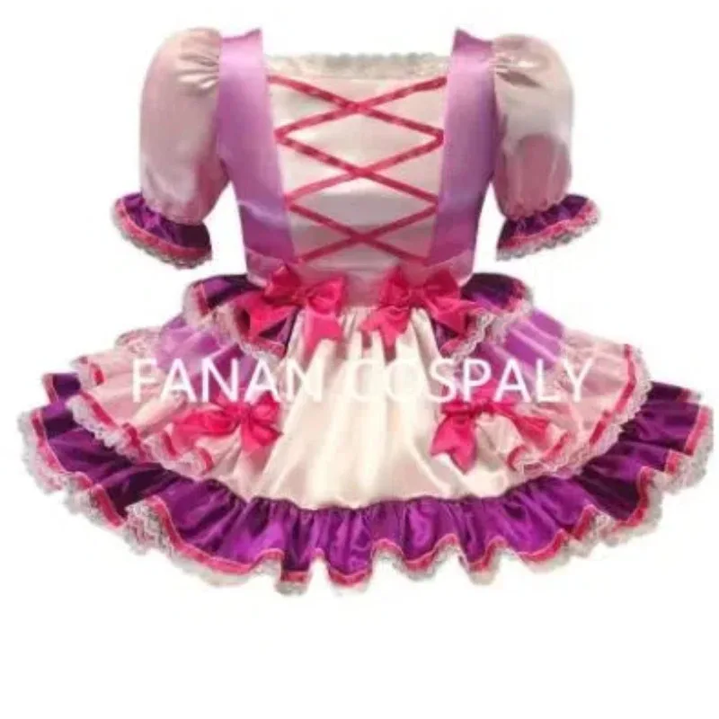 Gaun Lengan Pendek Banci Satin Tipis Cocok Warna Anak Perempuan Seksi Bayi Raksasa Dewasa Gaun Tari Pembantu Busur Merah Mawar Kustomisasi Gotik