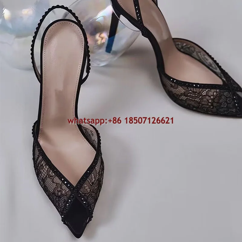 Pointed Lace Peep Toe Rhinestone Back Strap High Heels Stiletto Black Sandals For Women