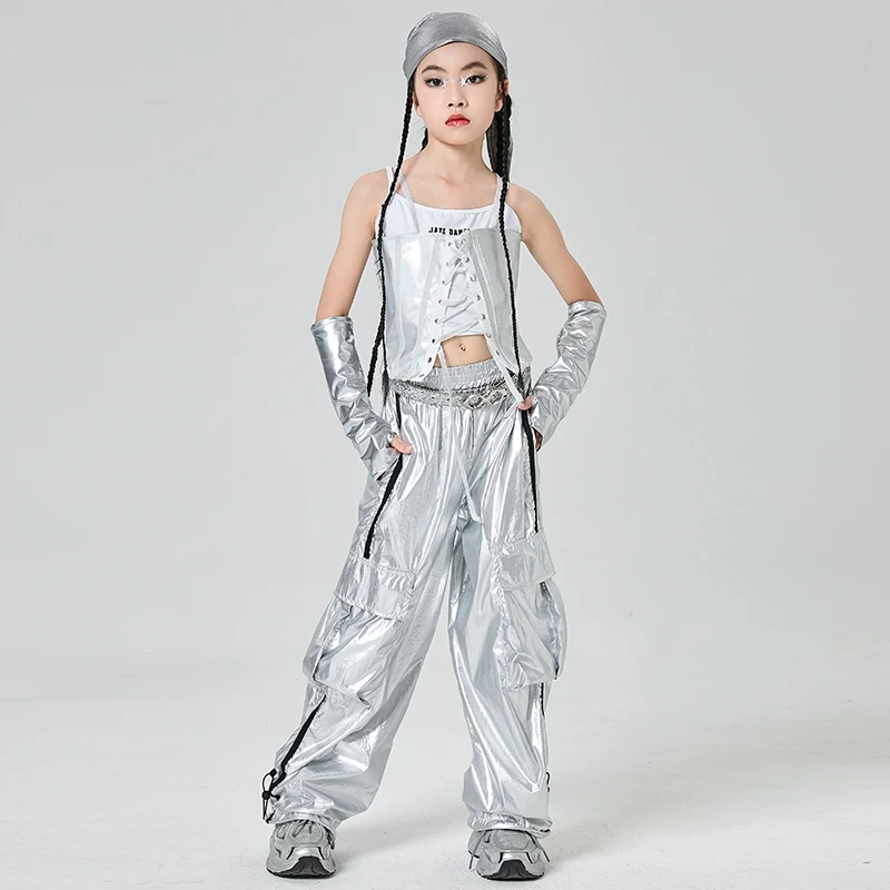 

Новая одежда для выступлений в стиле хип-хоп для девочек, сценическая одежда K-pop, одежда для джазовых танцев, серебристый жилет, брюки, детский праздничный комплект для рейва XH2723