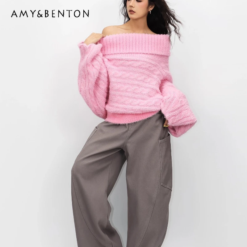 

Winter New Loose Slimming Women's Sweater French Retro Design Off-Shoulder Versatile Elegant Knitted Pullover Sweaters Ladies