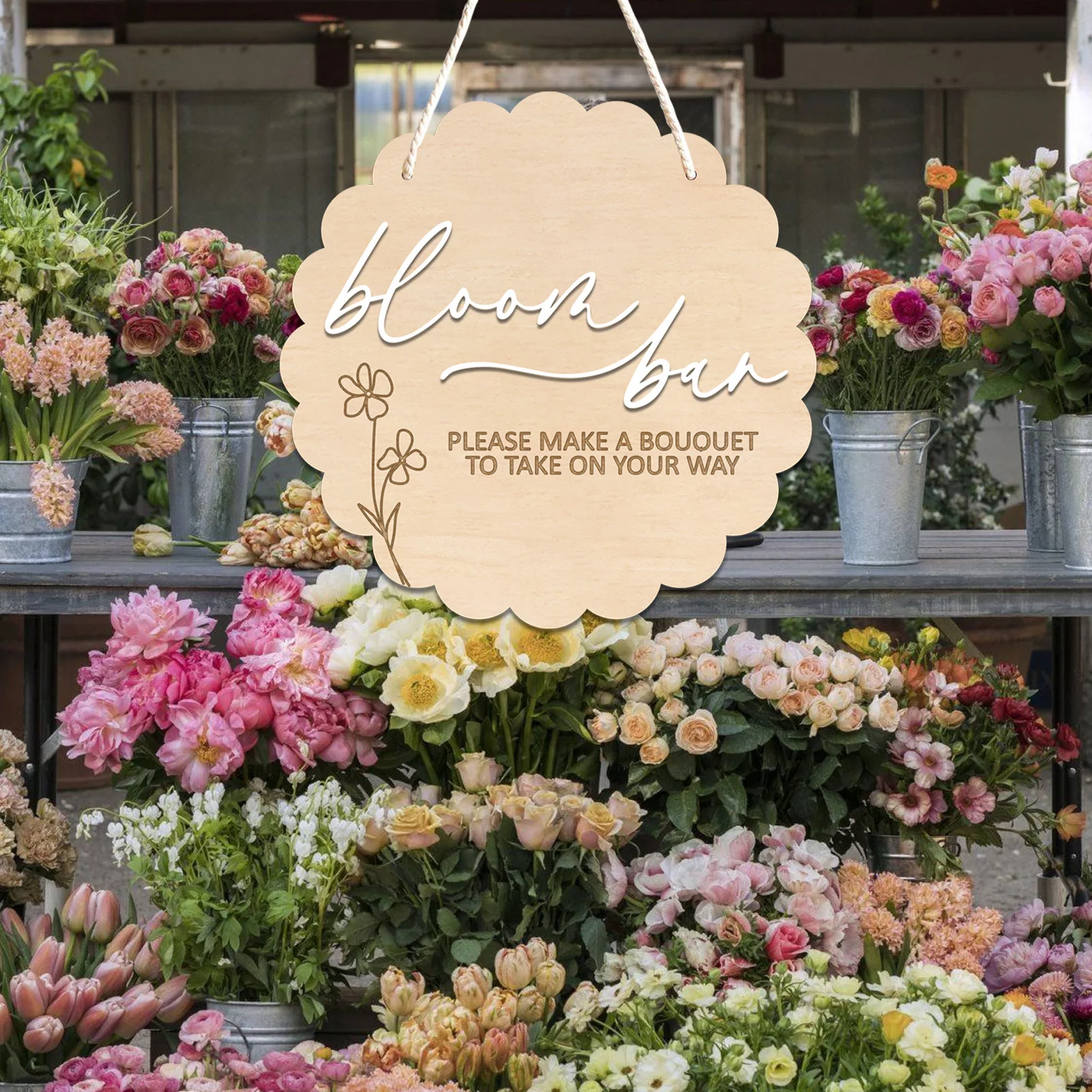 23cm round Wooden Bloom Bar Sign for Wedding Bridal Shower Hanging Bouquet Floral Design Welcome Sign