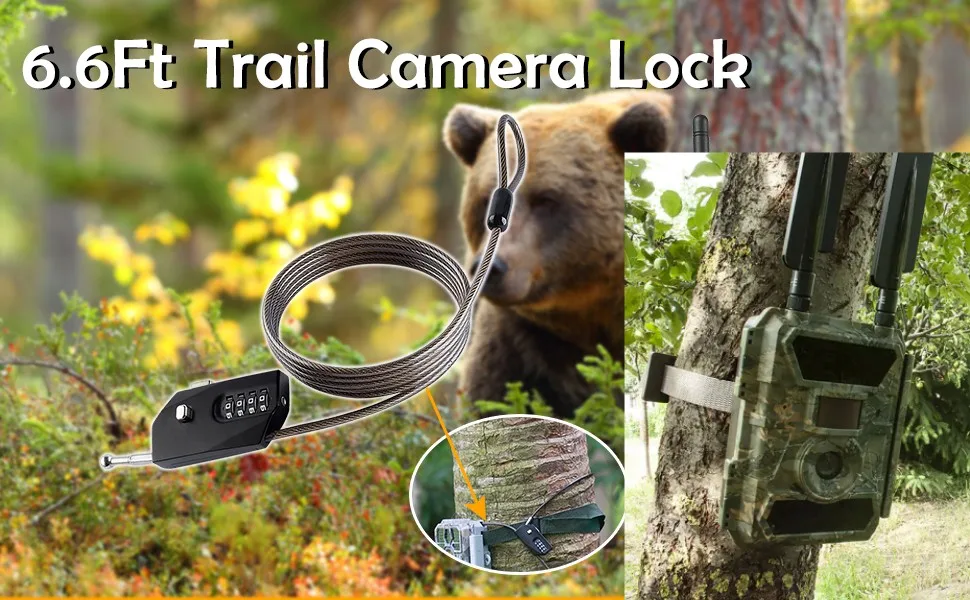 Trail-Kamera-Verriegelungskabel mit Baumhalterungen aus Stahl und verstellbarem Zahlenschloss, flexibler einziehbarer Stahl, 6,6 Fuß langes Kabel – Detail 1