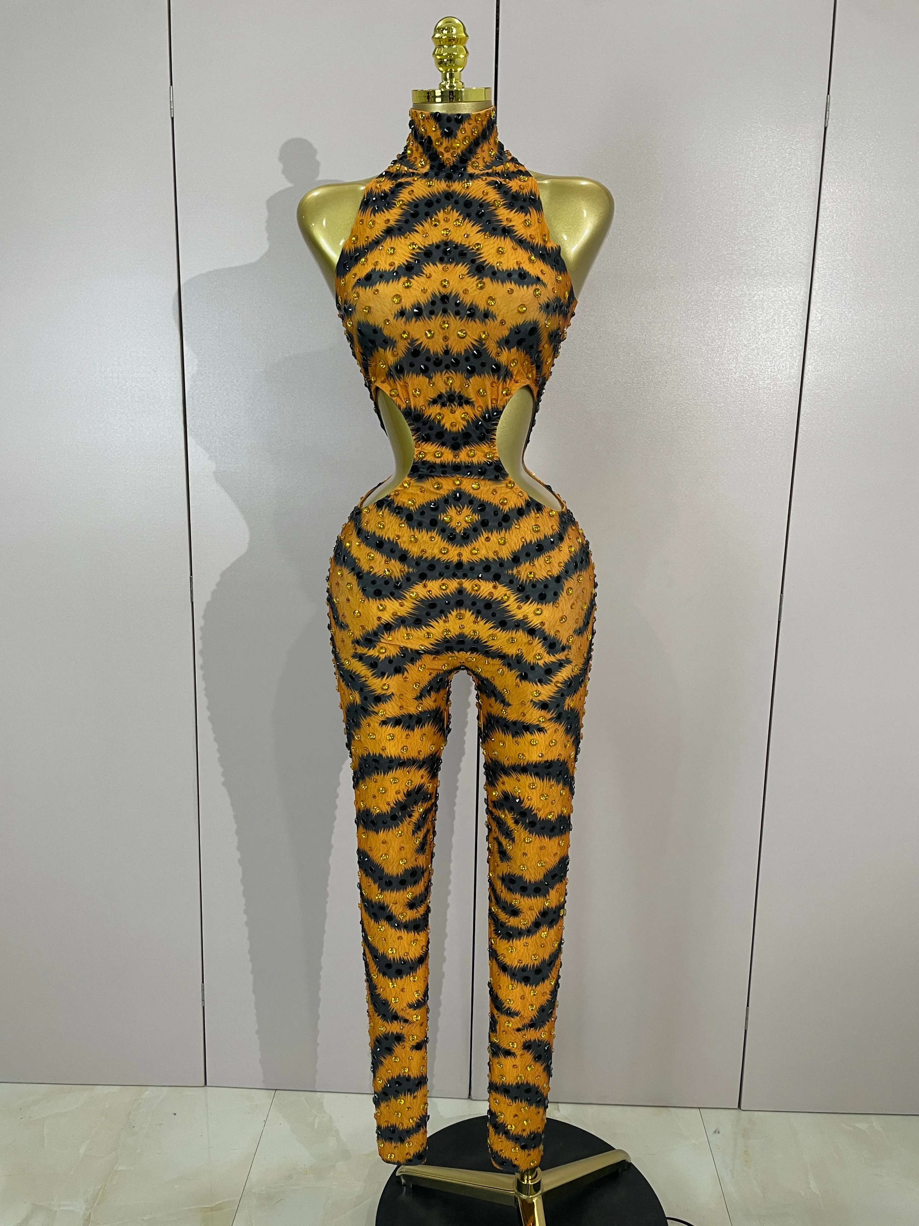 Sexy Sparkly Rhinestone Tiger Pattern Tight Fitting Stretch Jumpsuit Celebrity Evening Party Nightclub Stage Performance Outfit