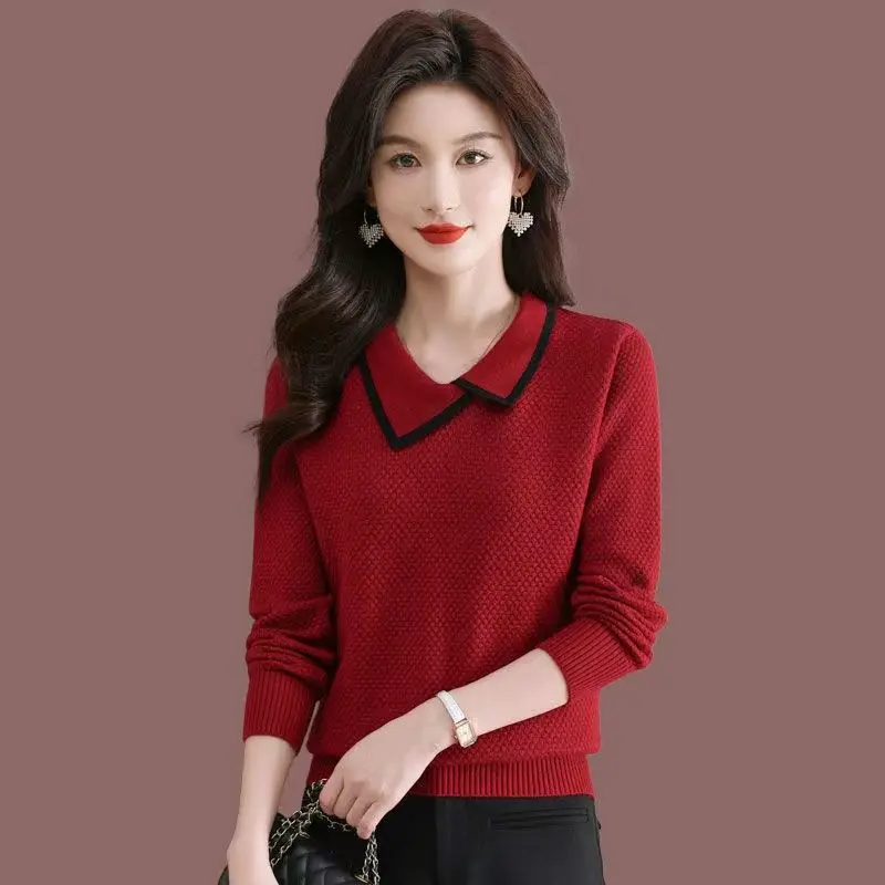 New Fashionable Collar Color Blocked Sweater Knitted Sweater Stylish High End Bottom Shirt Women's Top