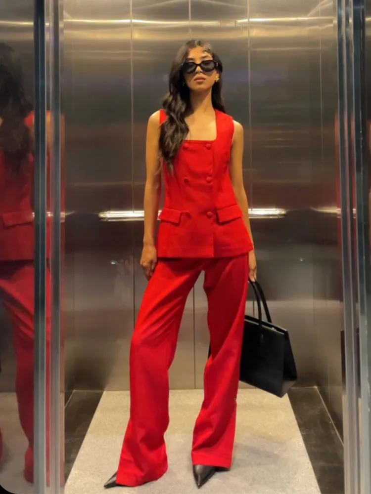 HH Abiti moda donna Collo quadrato senza maniche Gilet doppio petto Top + Pantaloni Stralght con spacco a vita media Set estivi femminili