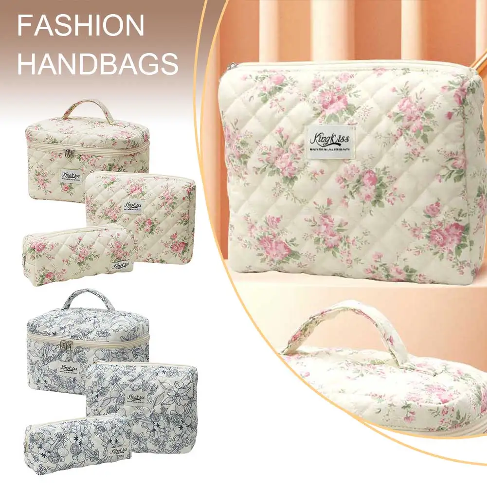 3 قطعة حقيبة مستحضرات التجميل الأزهار المطبوعة المرأة مبطن حقيبة مستحضرات التجميل سعة كبيرة سستة إغلاق الفتيات القطن حقيبة التخزين مجموعة