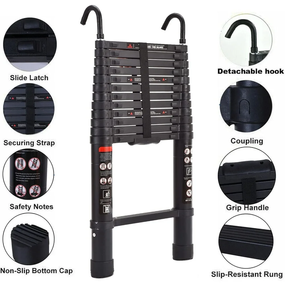 บันไดอลูมิเนียมสีดำแบบยืดหดได้สำหรับงานหนัก พร้อมตะขอที่ถอดออกได้ ความสูงพับเก็บได้ 2.8 ฟุต เพื่อการจัดเก็บที่ง่ายดาย