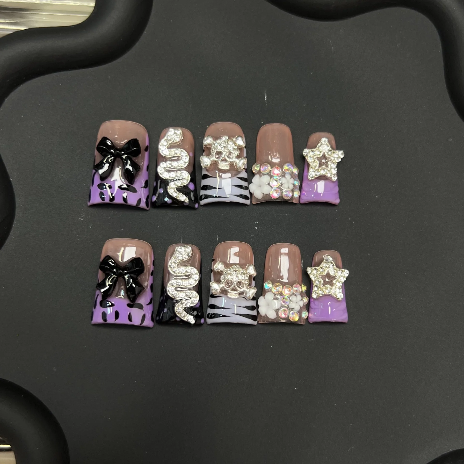 10 قطعة الصحافة اليدوية منقار البط على الأظافر مع ثعبان على شكل نجمة الماس تصميم الأظافر وهمية الأوروبية حار فتاة الأظافر كاذبة #2