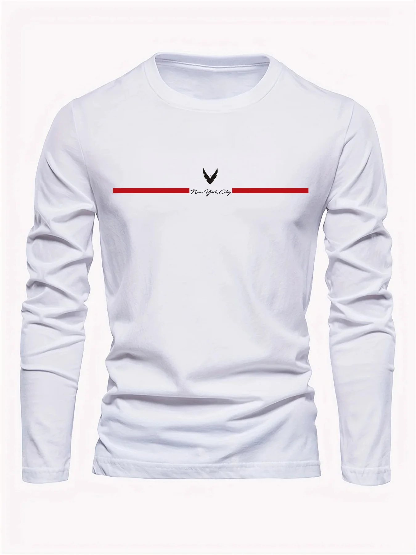 100% pure cotton men's long sleeved round neck loose casual New York City letter printed spring and autumn versatile T-shirt top