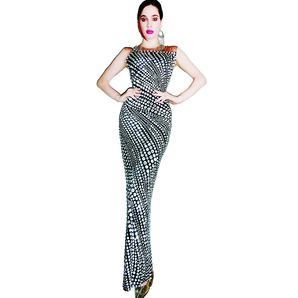 Neue Ärmellose Glänzende Strass Kristall Sexy Frauen Abendkleid Party Club Bar Kleidung Bankett Festival Outfits Langes Kleid