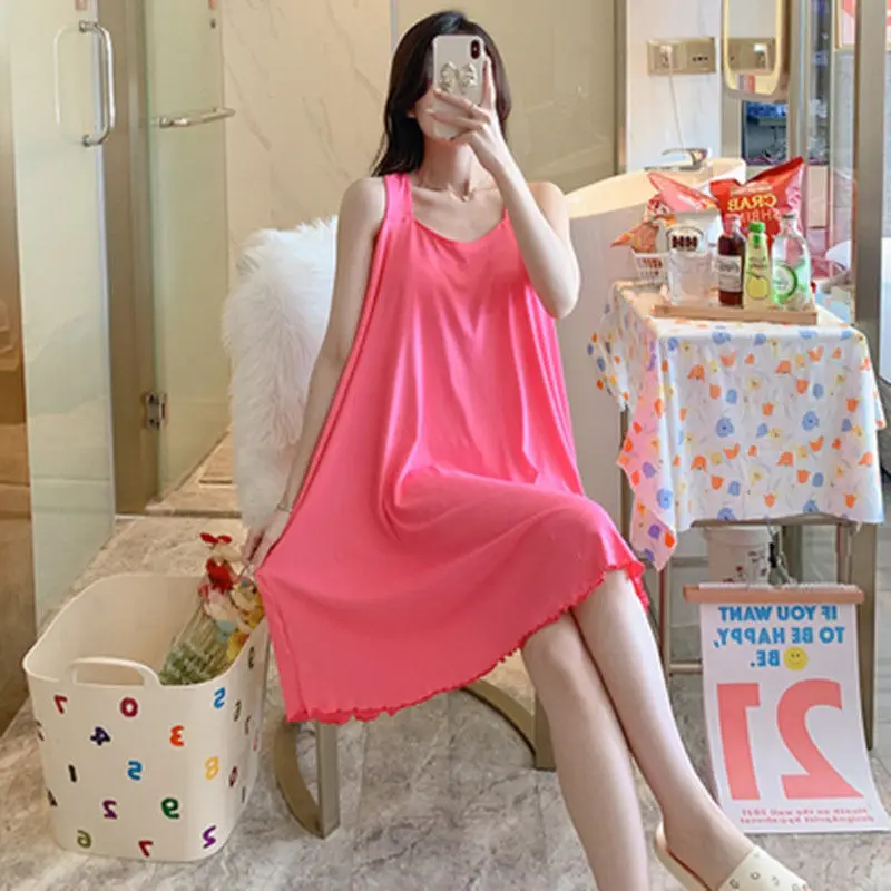 Women Cute Nightgown Pajamas Milk Silk Solid Color Sleepwear V Neck Lingerie Sexy Spaghetti Strap Nightwear Girls Homewear Dress