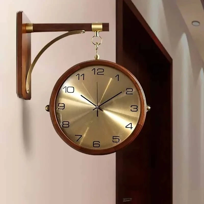 Luxury Wood Double Sided Wall Clocks Movement Silence 360° Rotatable Wall Clock Aesthetic Living Room Decoration Accessories