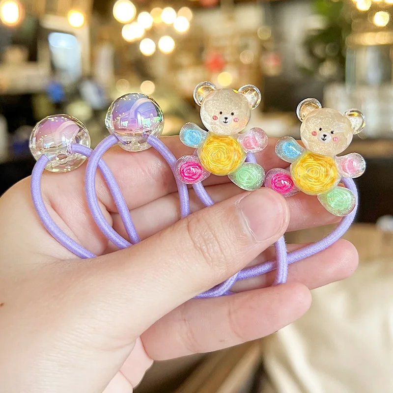 2Pcs Kids Cute Bear Hair Bands Super Elastic Baby Crystal Crown Hair Tie Flower Rubber Bands For Girls Ponytail Fruit Hair Rope