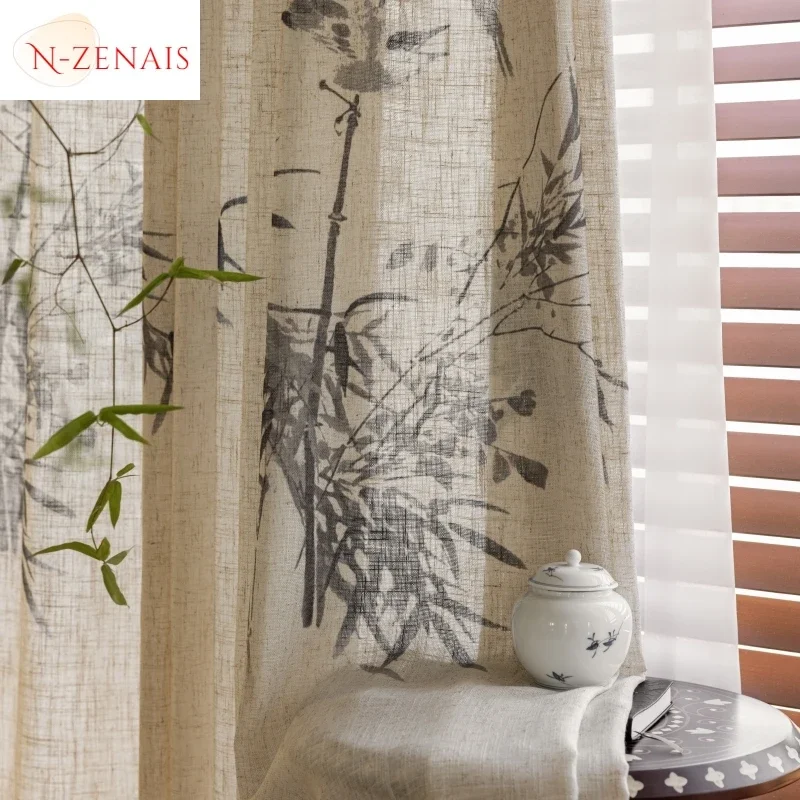 Zen Ink Painting Bamboo Cotton And Linen Grace Curtains For Living Room Bedroom Dining Study Partition Door Custom Size Tulle