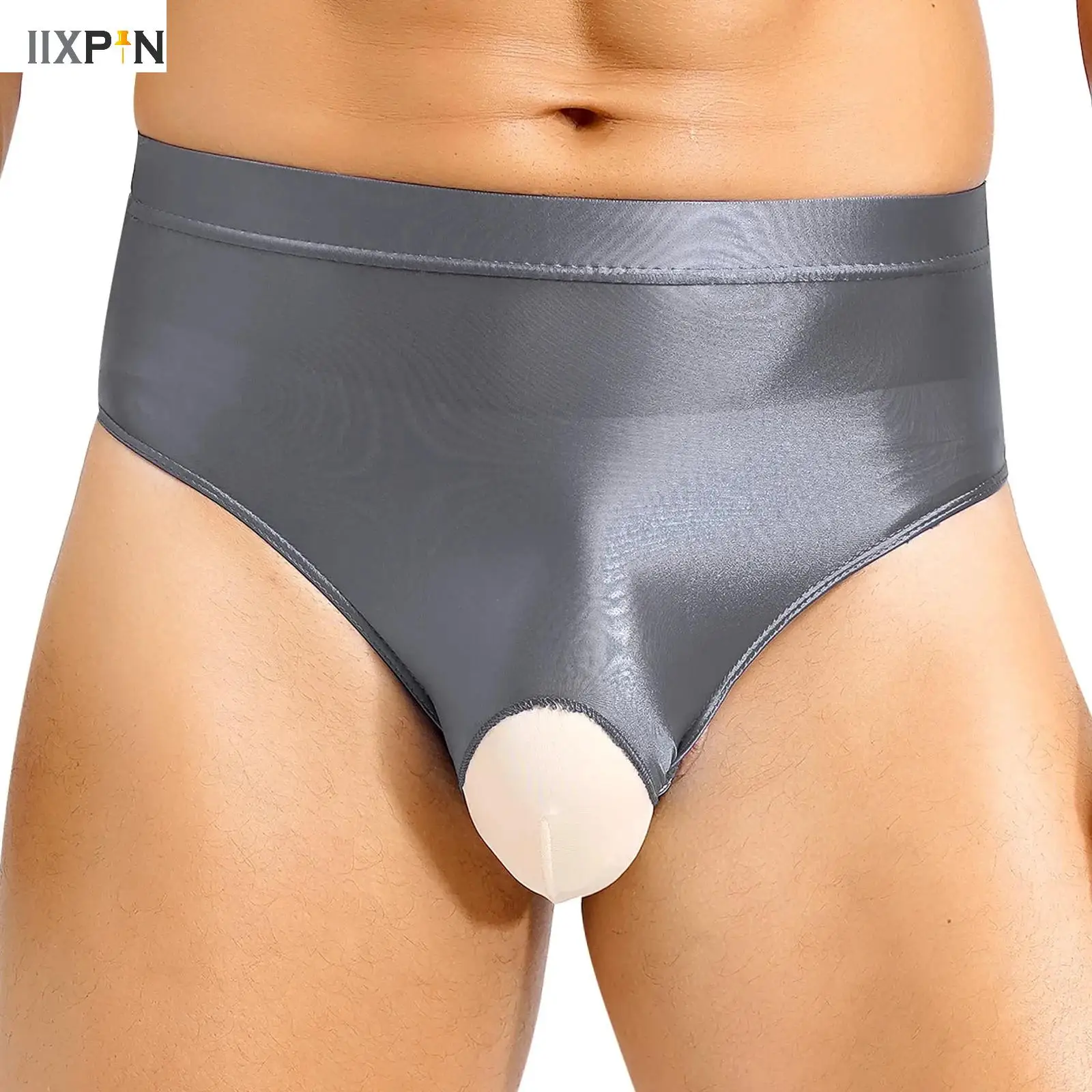 Men Glossy Sexy Gay Briefs Underwear Open Crotch Open Butt Panties Lingerie Solid High Waist Underpants Nightwear Clubwear