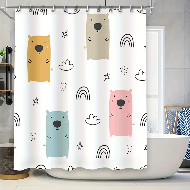 

Rainbow Bear Shower Curtain Cute Cartoon Animal Print Bath Decor for Kids Room White Waterproof Fabric with Hooks Home Decoratio