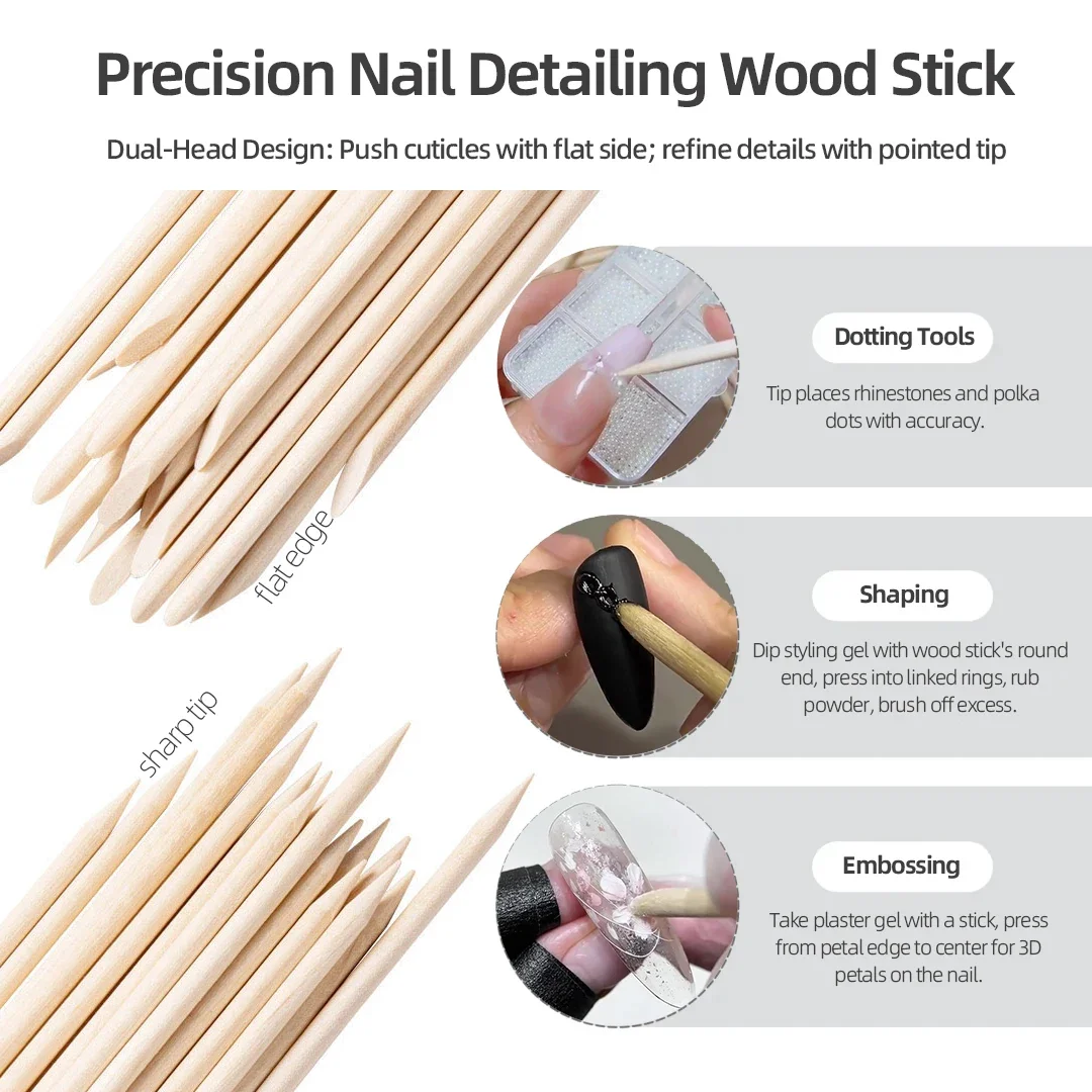 Poussoir à double tête pour Nail Art, bâtons en bois Orange, poussoir à cuticules, manucure, nettoie l'excès de colle, outils à pression, fournitures, 100/50 pièces