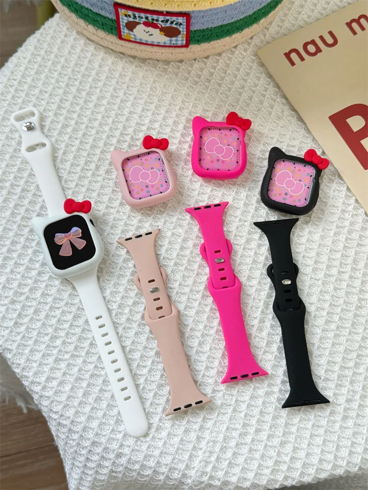 Y2K Cute Cartoon Bow Strap + Case Soft Silicone For Apple Watch Band Ultra2 44 42 38 40 Correa Band For Watch Series 9 7 SE 6 5