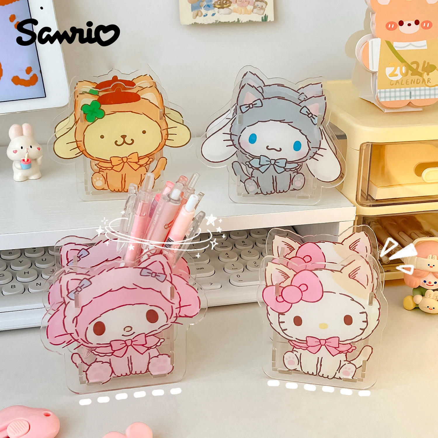 

Sanrio MyMelody HelloKitty Kuromi Pochacco Cinnamoroll Pompompurin Acrylic Pen Holder Desktop Transparent Stationery Storage Box