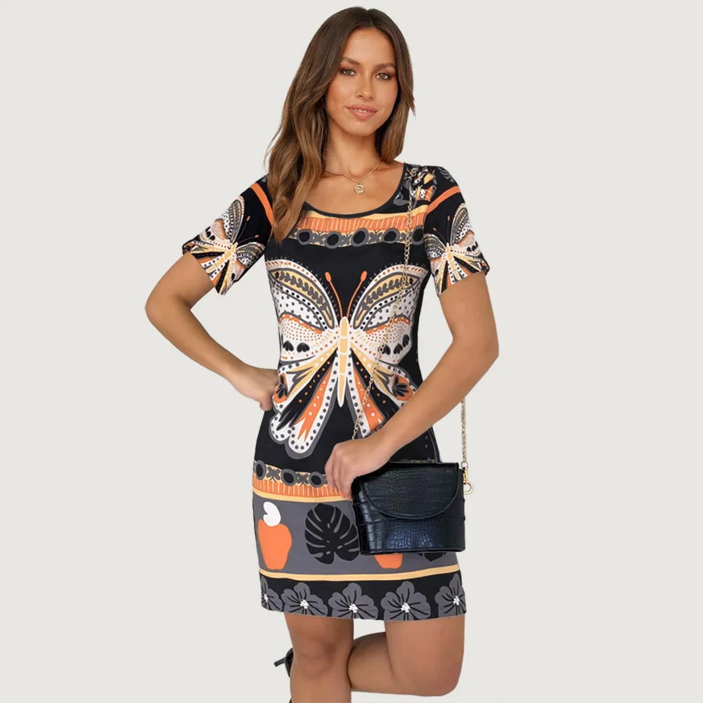 T-shirt Jurk Vlinder Print Korte Mouw Ronde Hals Rechte Jurk Losse Taille Slanke Vrouwen Zomer Nieuwe Jurk