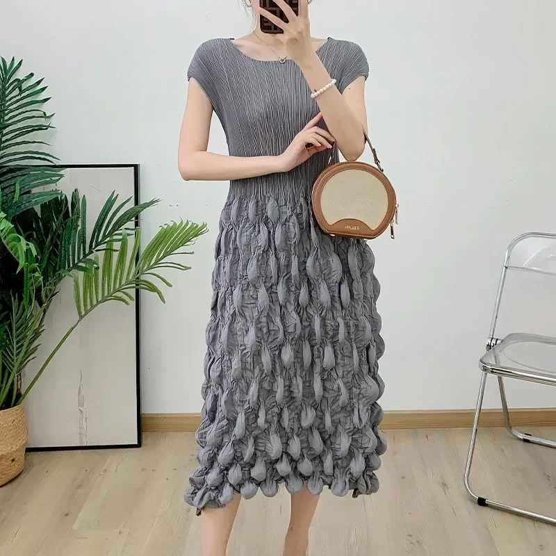 Mosong Fashion Miyake Pleated 2024 new hand-made bubble pleated sleeve mid-length dress