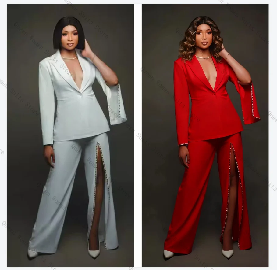 

Red White Women Suit Set 2 Pcs Beaded Blazer+Split Pants Trousers Cotton Formal Office Lady Jacket Wedding Prom Coat Customized