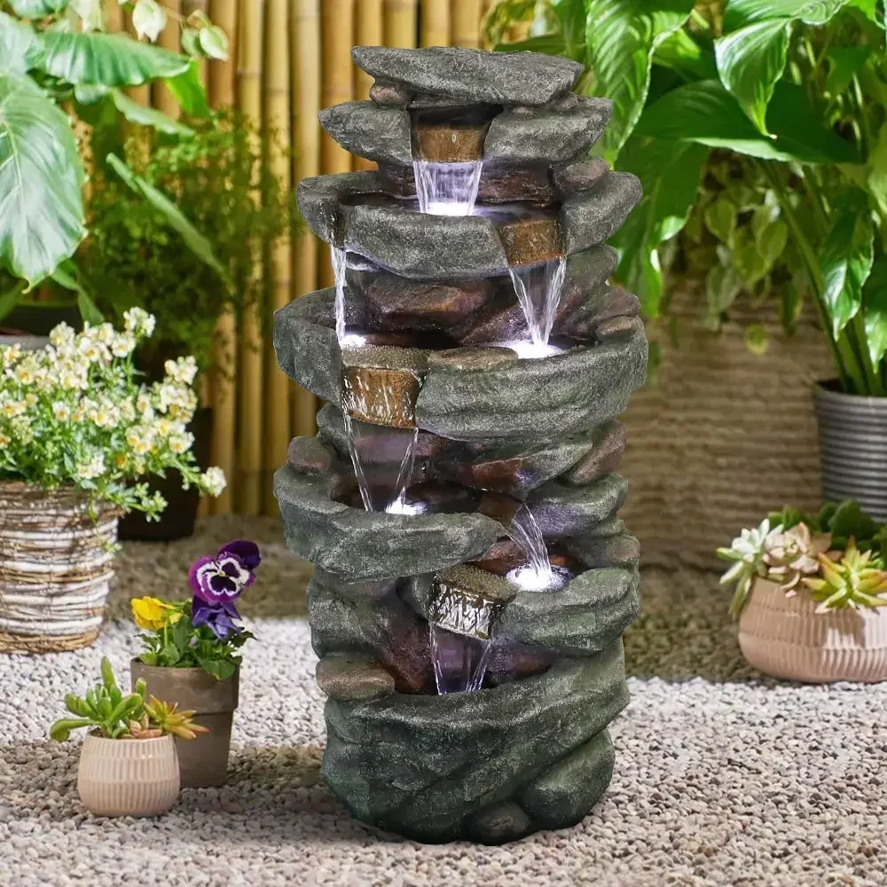 

Outdoor Fountain 40.5inches High Rocks Outdoor Water Fountain with LED Lights