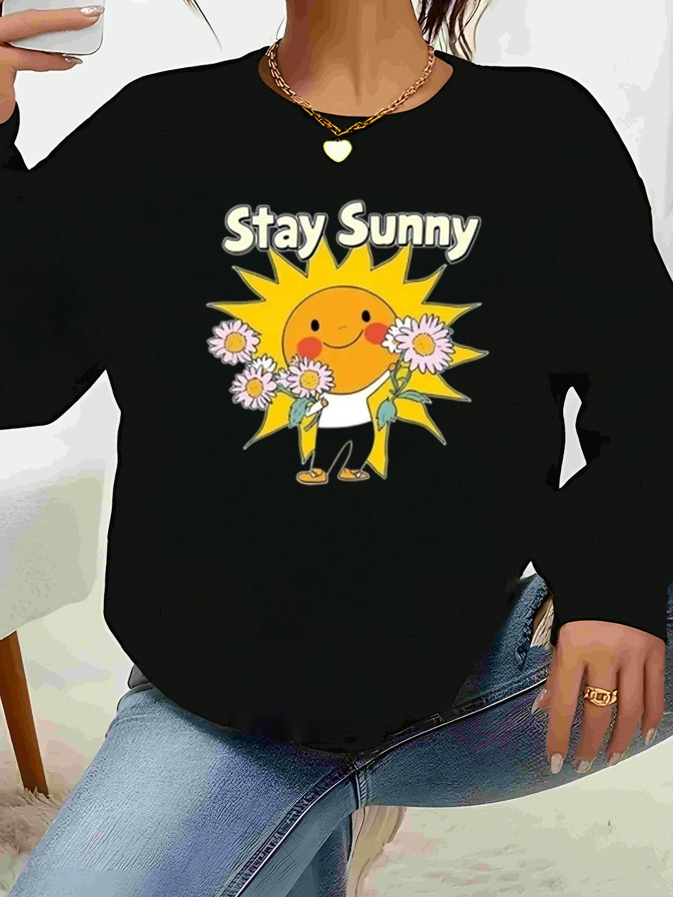

Sunshine Цветочный принт Stay Sunny Топ с длинными рукавами Повседневная повседневная одежда Женская мода