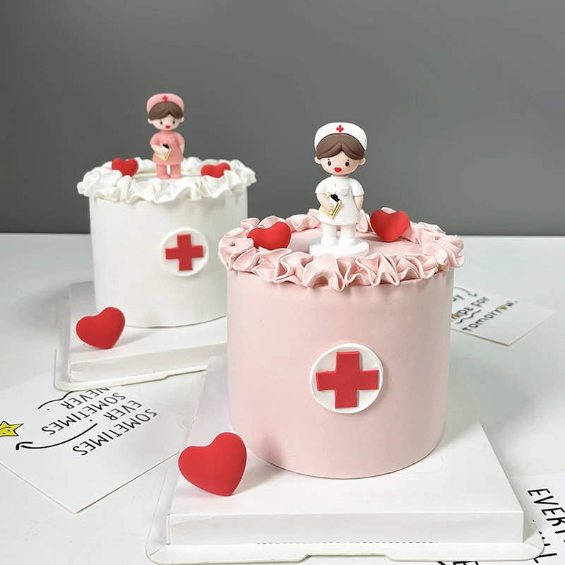 Nurse's Day Baking Cake Topper Decoration Happy Girl Birthday Ornament Soft Glue 3D Female Nurse in White Angel Insert Card 512