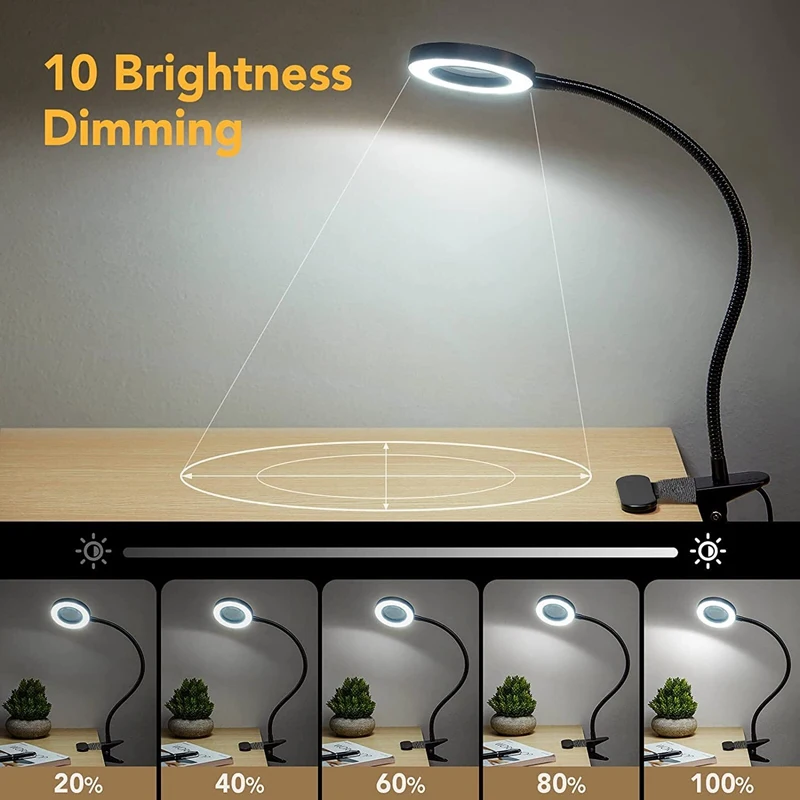 1 Piece 48 LED Desk Lamp Clip With 5X Magnifying Glass Light  360° Adjustable 3 Modes LED Desk Light For Bed Desk Work Crafts