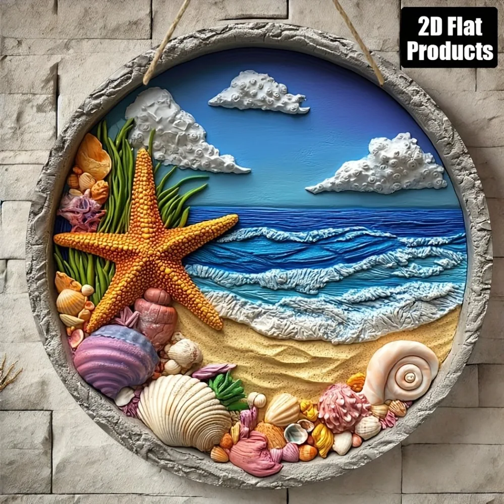 2D Metal Sign, Beach Shell Theme Round Metal Wall Art, Bar Kitchen Cafe Home Office Decoration, Housewarming Gift 8x8 Inch