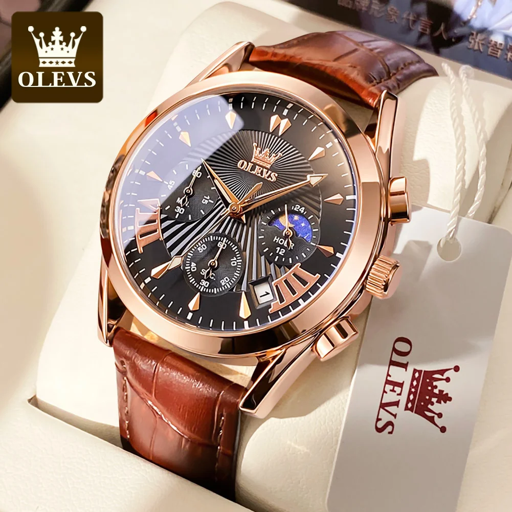 

OLEVS 2876 Sport Quartz Watch Gift Genuine Leather Watchband Round-dial Moon Phase Chronograph Calendar Luminous Small second