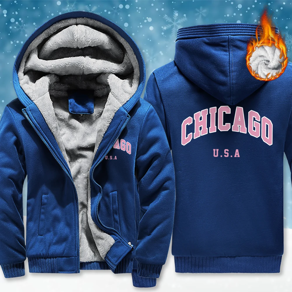 

Мужская куртка с карманом на молнии Chicago, США, модные уличные толстовки, свободная повседневная одежда, унисекс, утепленный флис, мягкий длинный рукав