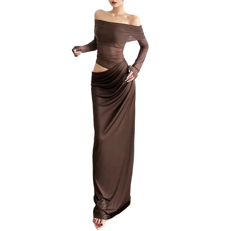 CYL-Damen-Mesh-Schulterfreies Kleid, elegantes, durchsichtiges, langärmliges, figurbetontes Maxikleid mit Rüschen