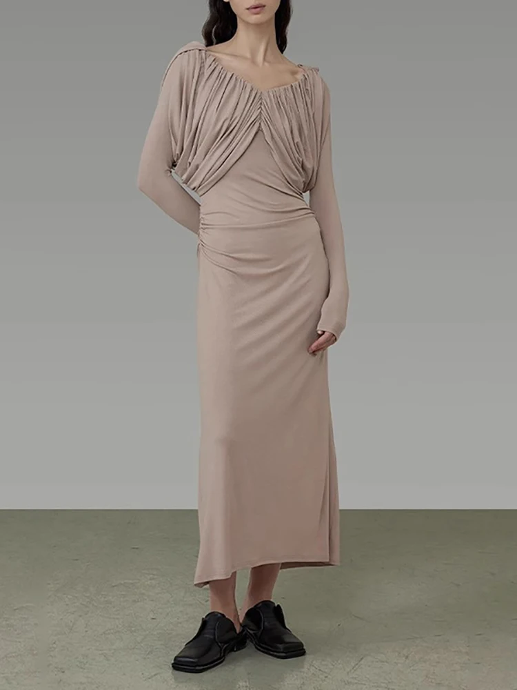 

2025 Sexy V Neck Long Sleeve Folds Long Dress Women Pleated Slim Dresses Elegant Evening Party Gowns