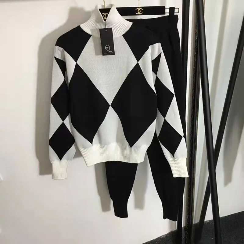 2025 nova emenda conjunto de malha outono/inverno moda feminina solta manga longa camisola superior + malha haren calças conjuntos de duas peças